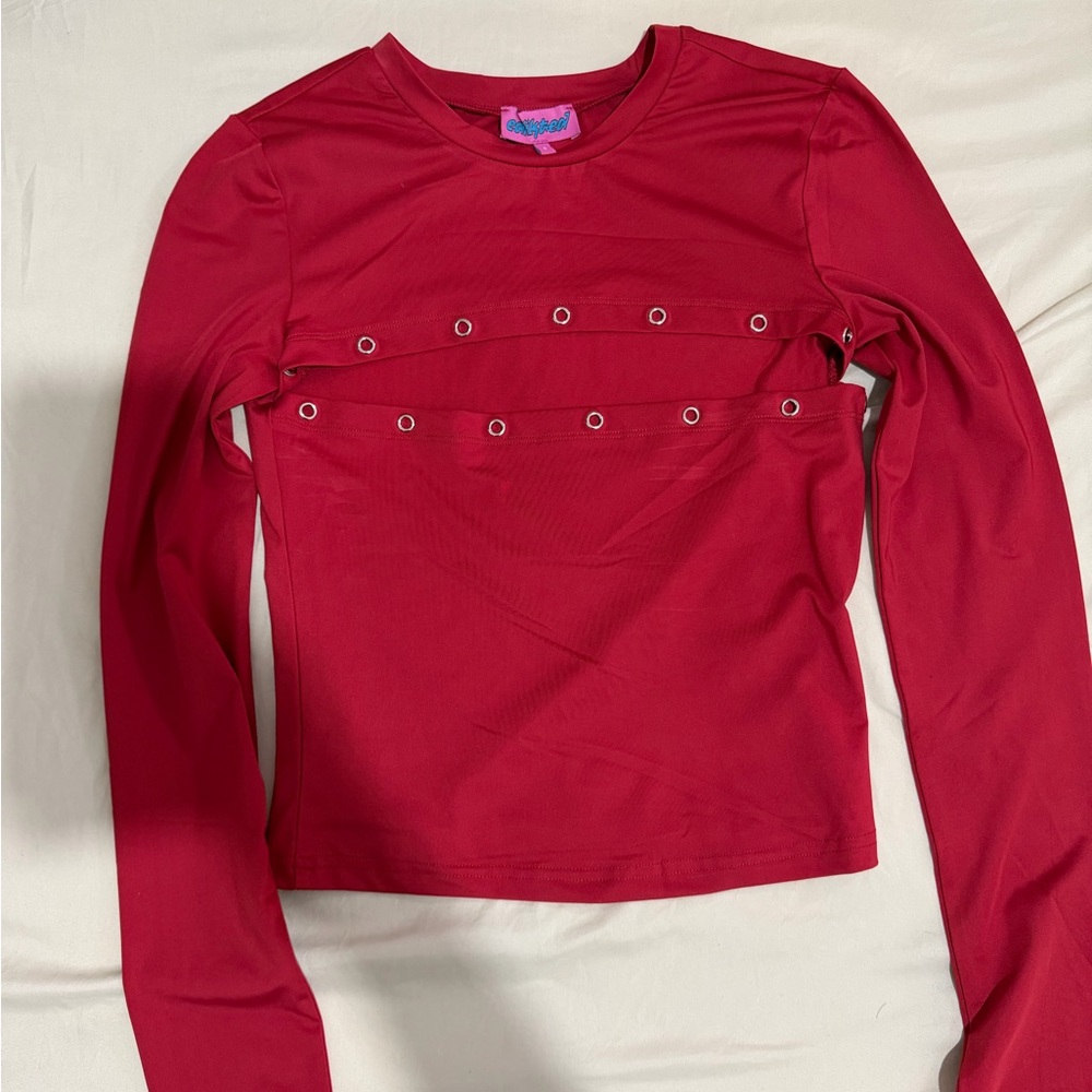 Edikted Red Eyelet Long Sleeve Top